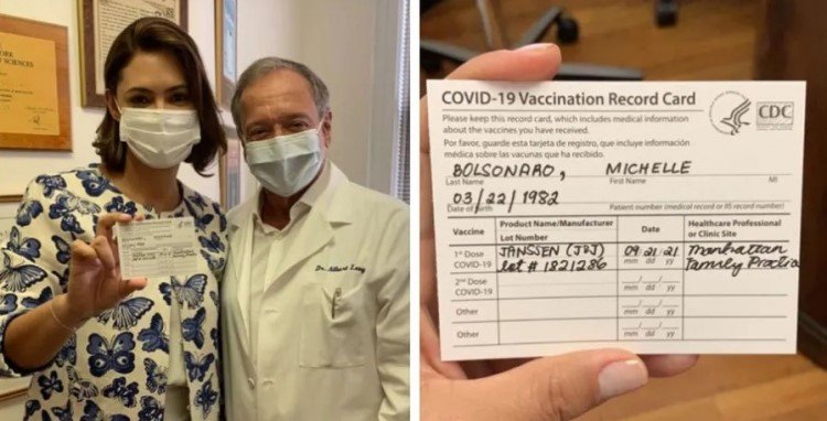 Imagem de Michelle Bolsonaro publica fotos de cartão vacinal e com médico que a imunizou contra a Covid-19 nos EUA