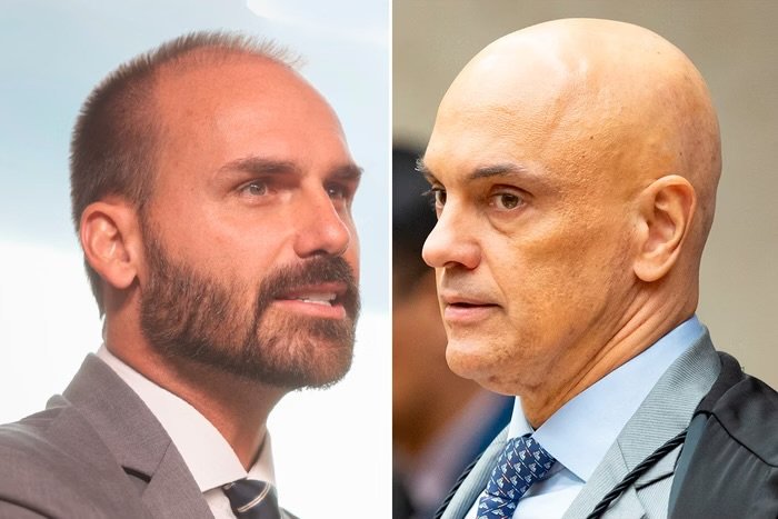 Imagem de Moraes bloqueia conta e Pix de Eduardo Bolsonaro, que reage à decisão