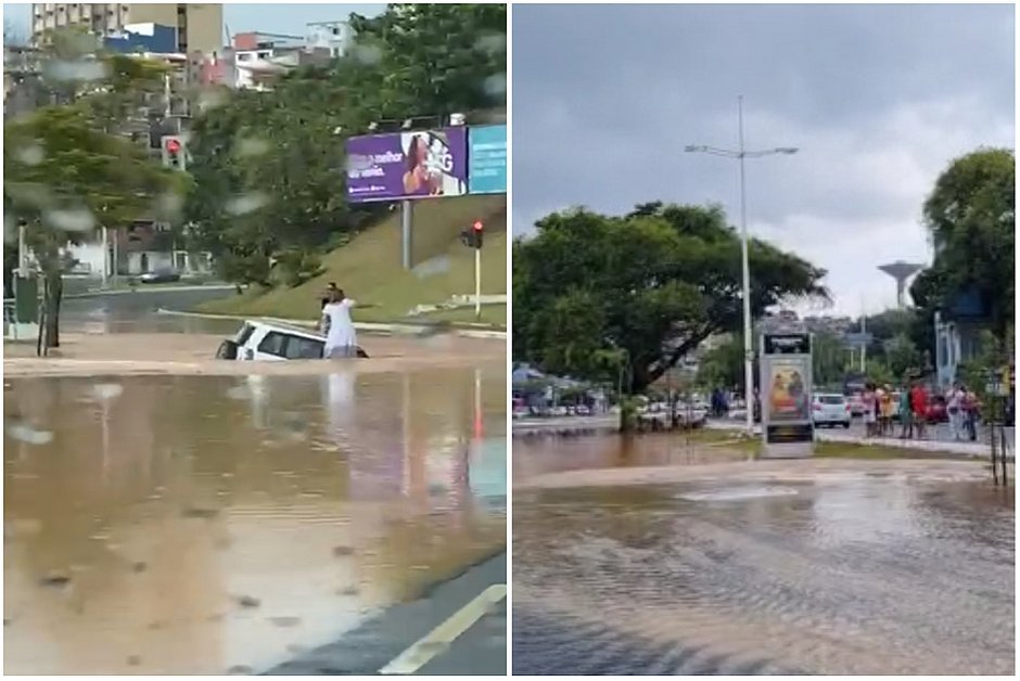 Imagem de Carro afunda após adutora romper em avenida de Salvador e casal escapa pela janela do veículo; bairros próximos ficarão sem água